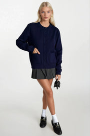 Navy Blue Knit Cardigan with Buttons and Two Pockets