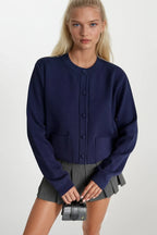 Buttoned Double Pocket Navy Knit Cardigan