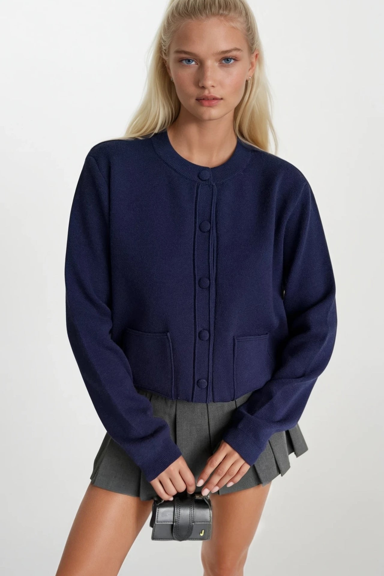 Buttoned Double Pocket Navy Knit Cardigan