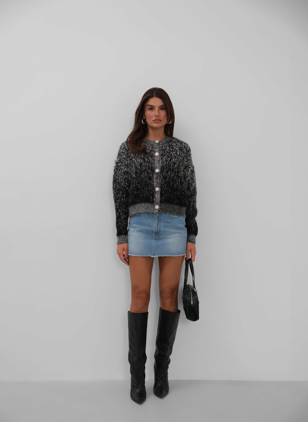 Buttoned Patterned Shaggy Black Cardigan