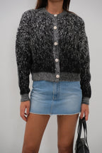 Buttoned Patterned Shaggy Black Cardigan