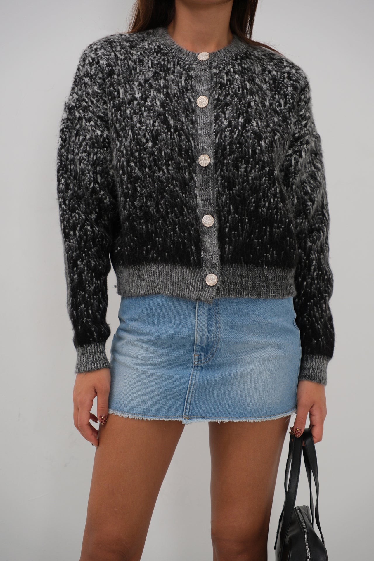 Buttoned Patterned Shaggy Black Cardigan