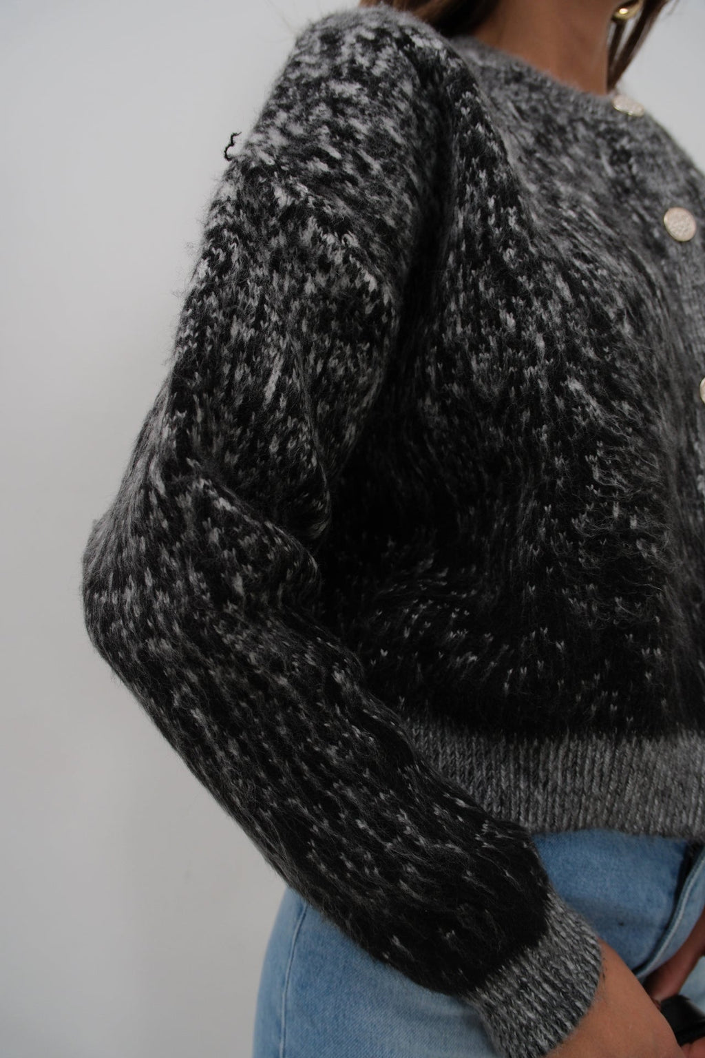 Buttoned Patterned Shaggy Black Cardigan