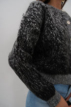 Buttoned Patterned Shaggy Black Cardigan