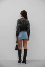 Buttoned Patterned Shaggy Black Cardigan