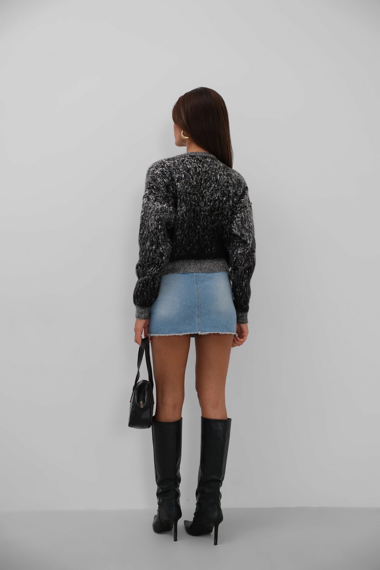 Buttoned Patterned Shaggy Black Cardigan