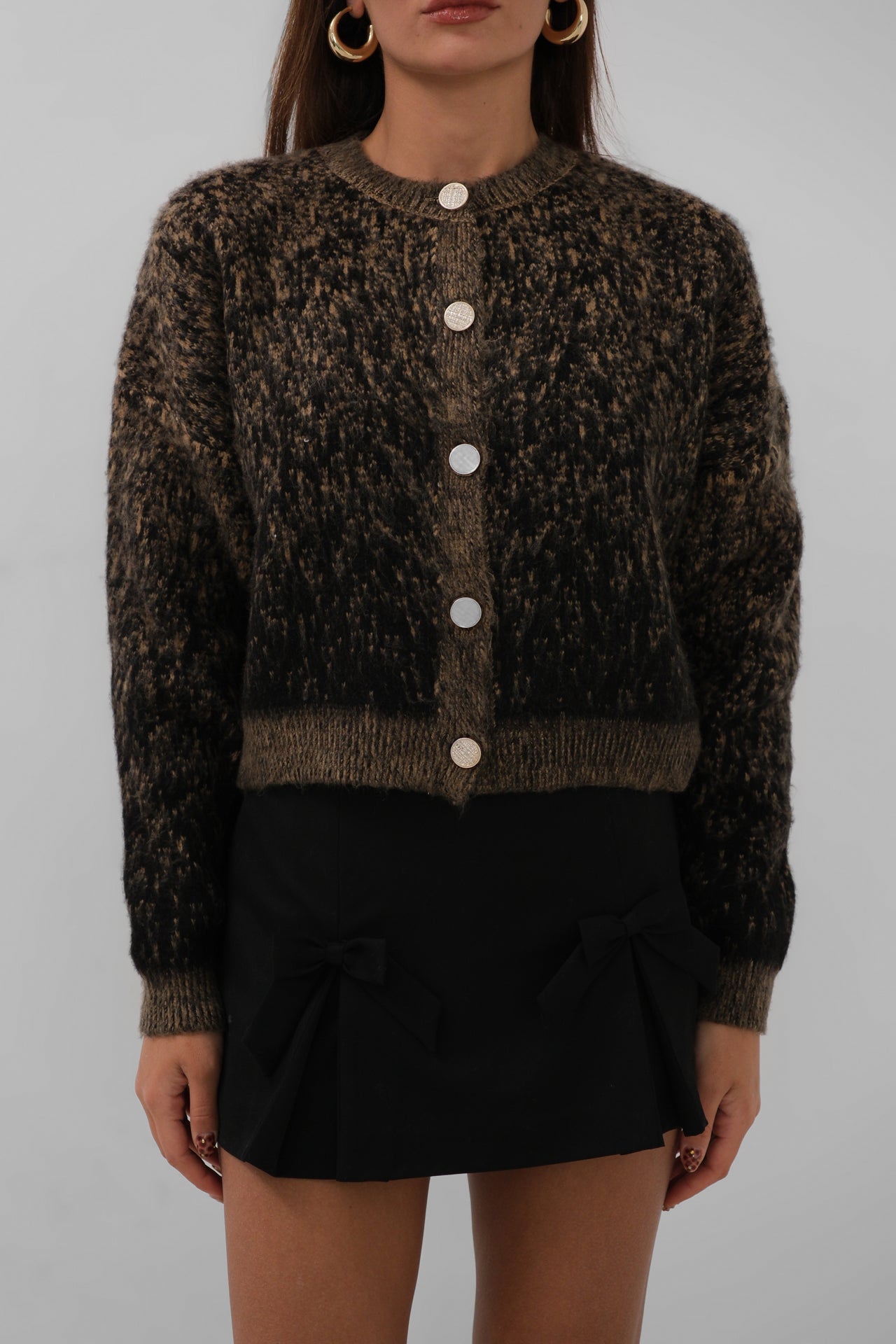 Buttoned Patterned Shaggy Brown Cardigan
