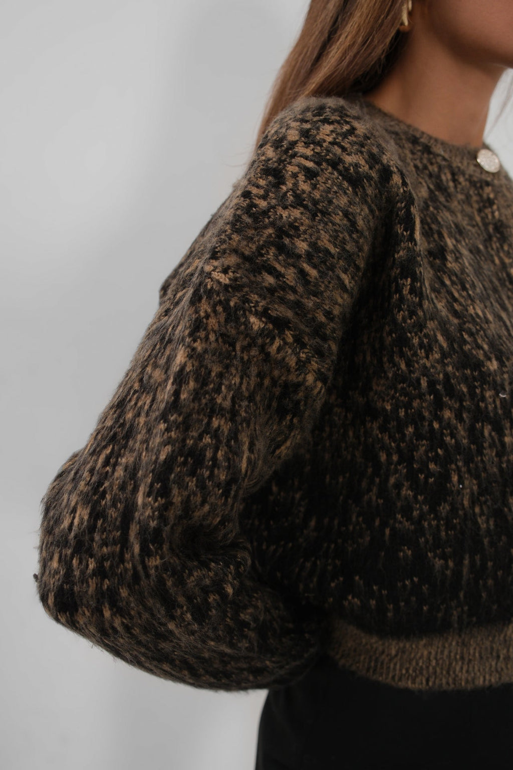 Buttoned Patterned Shaggy Brown Cardigan