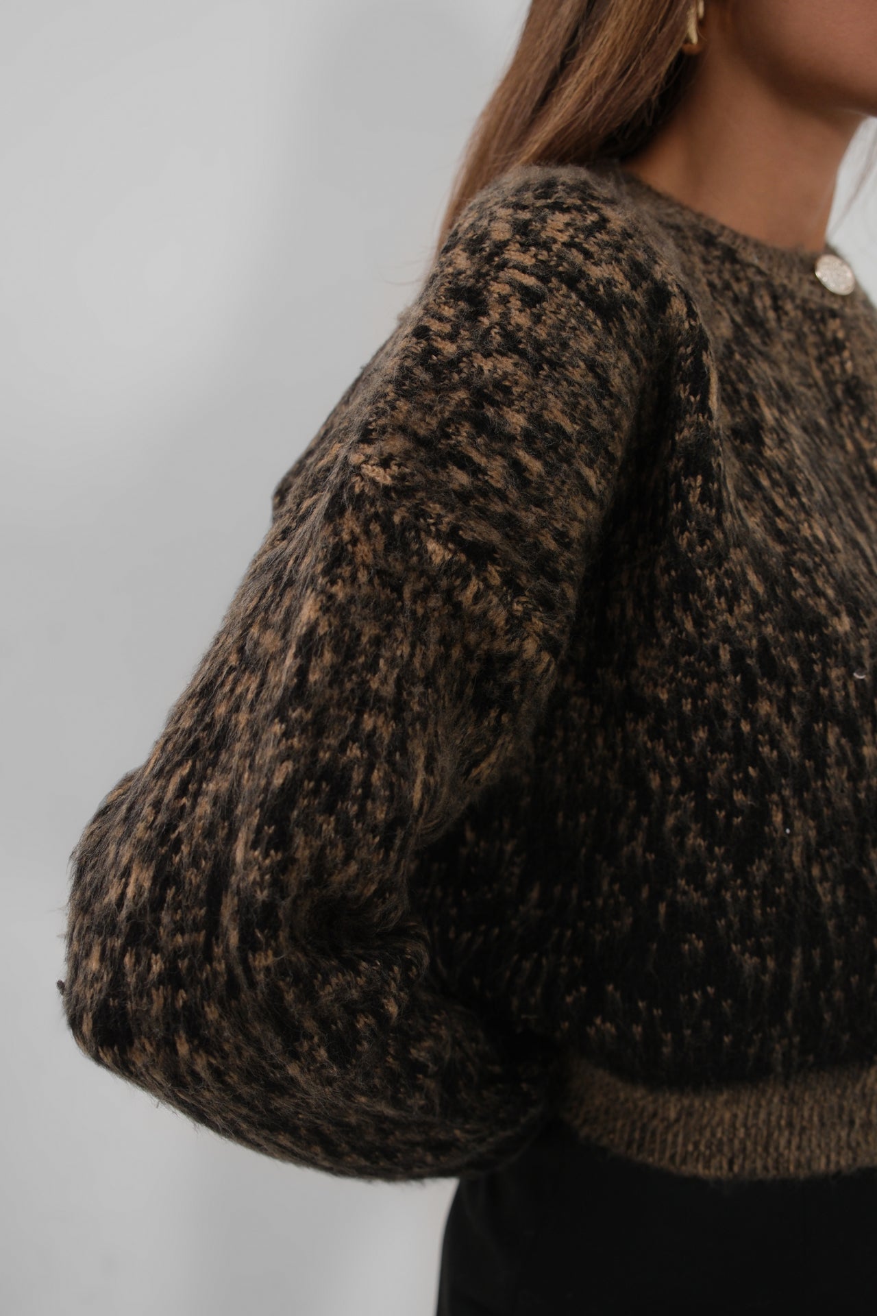 Buttoned Patterned Shaggy Brown Cardigan