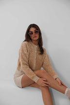 Buttoned Patterned Shaggy Camel Cardigan