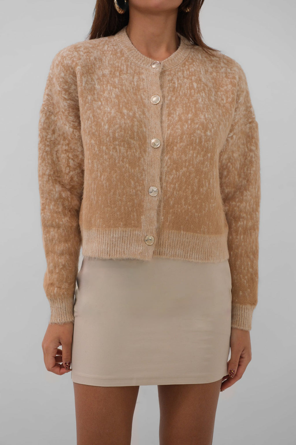 Buttoned Patterned Shaggy Camel Cardigan