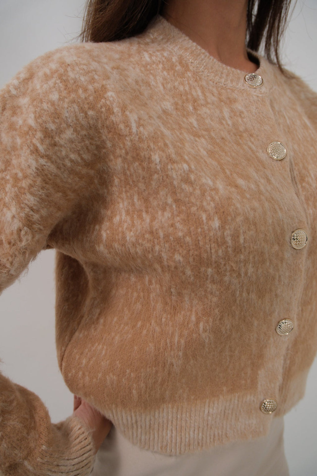 Buttoned Patterned Shaggy Camel Cardigan