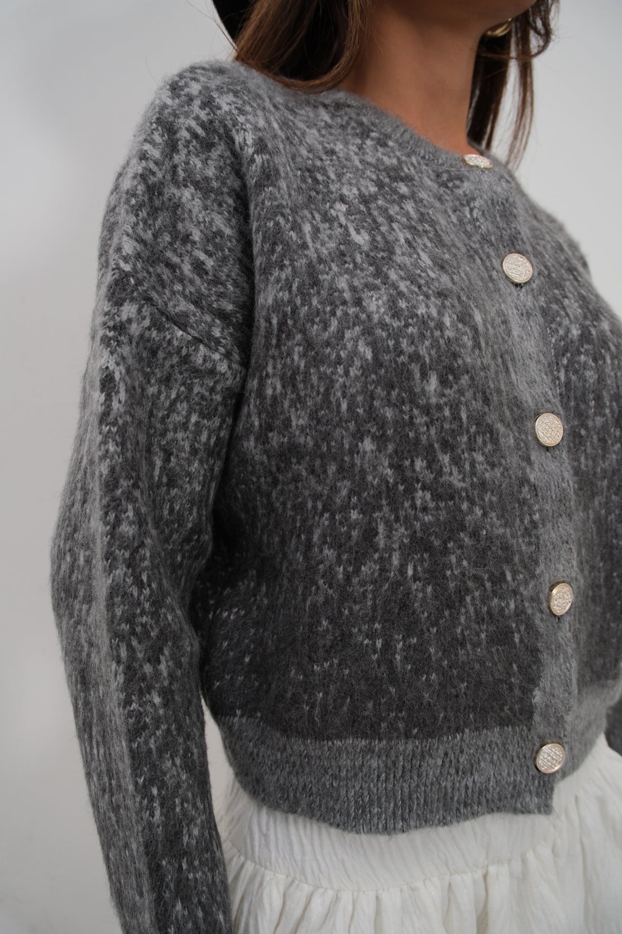 Buttoned Patterned Shaggy Smoke Cardigan