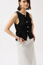 Buttoned Textured Black Vest