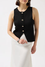 Buttoned Textured Black Vest