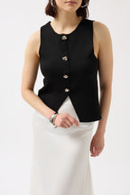 Buttoned Textured Black Vest