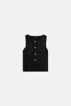 Buttoned Textured Black Vest