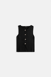 Buttoned Textured Black Vest