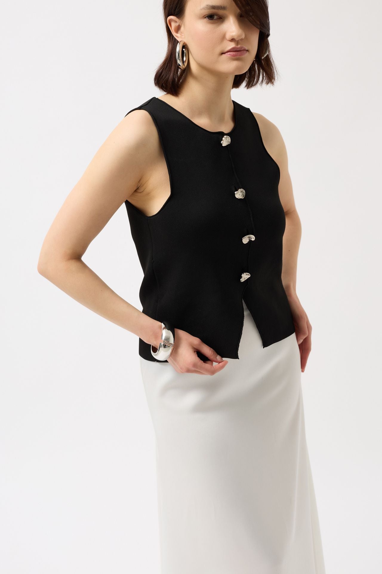 Buttoned Textured Black Vest