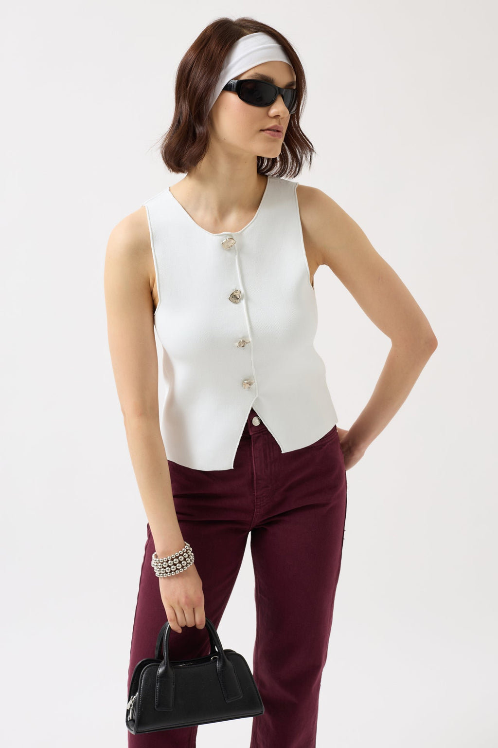 Textured Buttoned White Vest