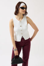 Textured Buttoned White Vest