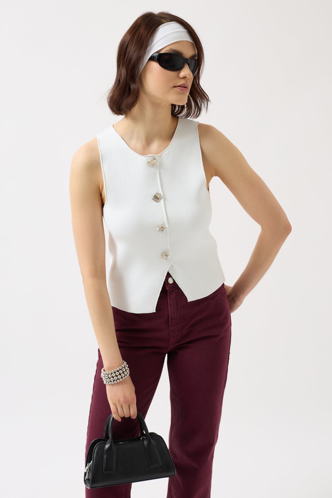 Textured Buttoned White Vest