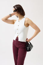 Textured Buttoned White Vest