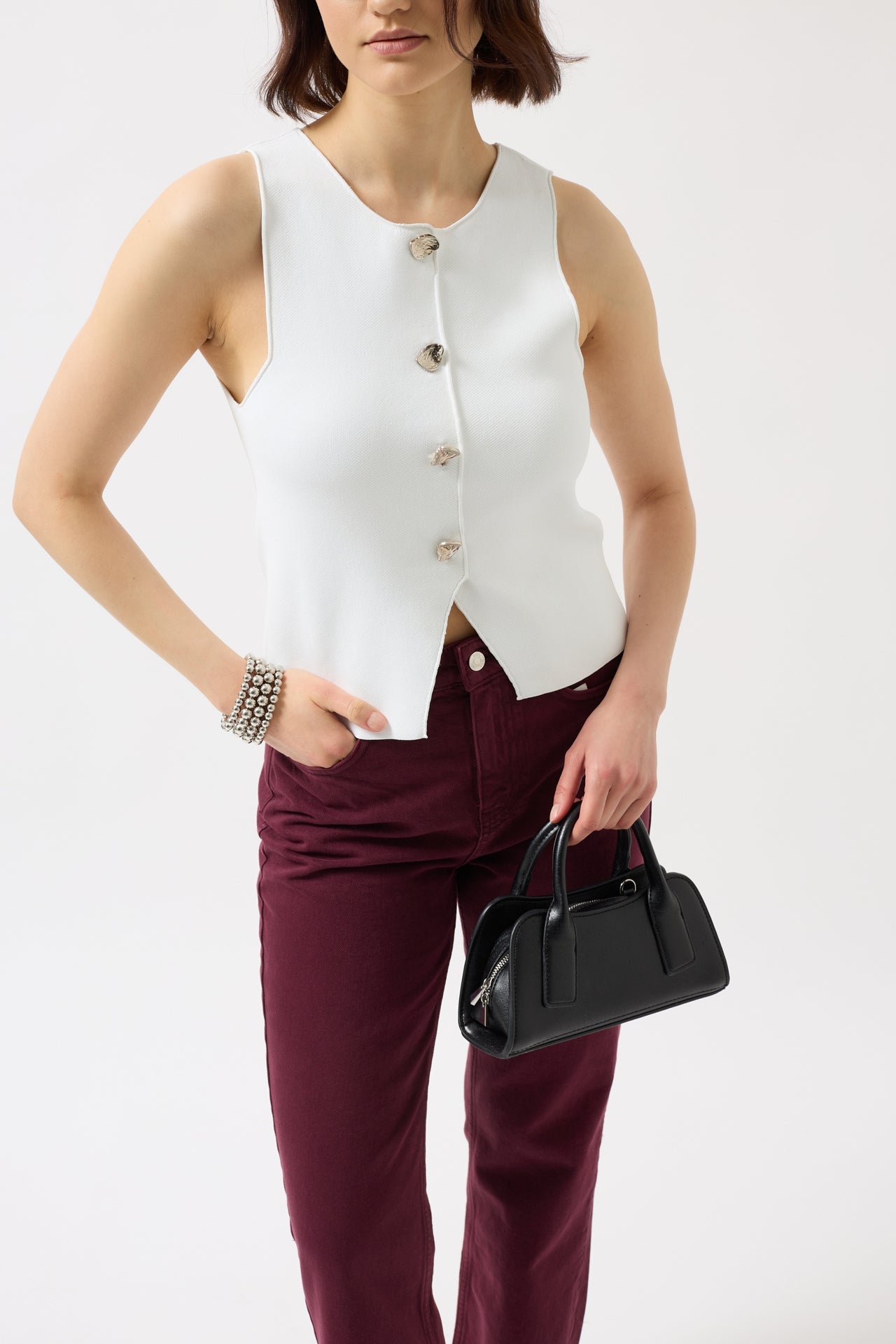 Textured Buttoned White Vest
