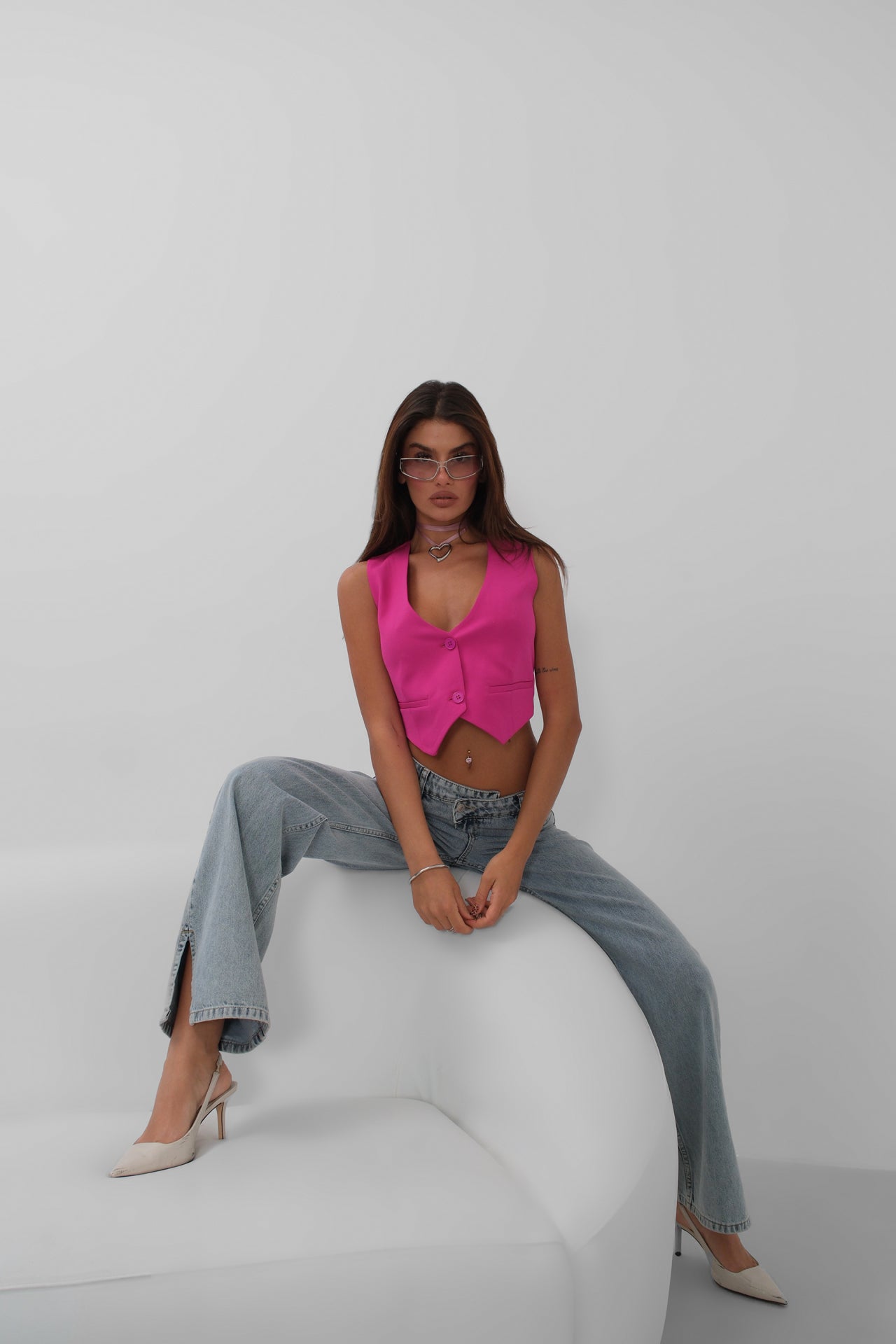 Buttoned Fuchsia Crop Vest