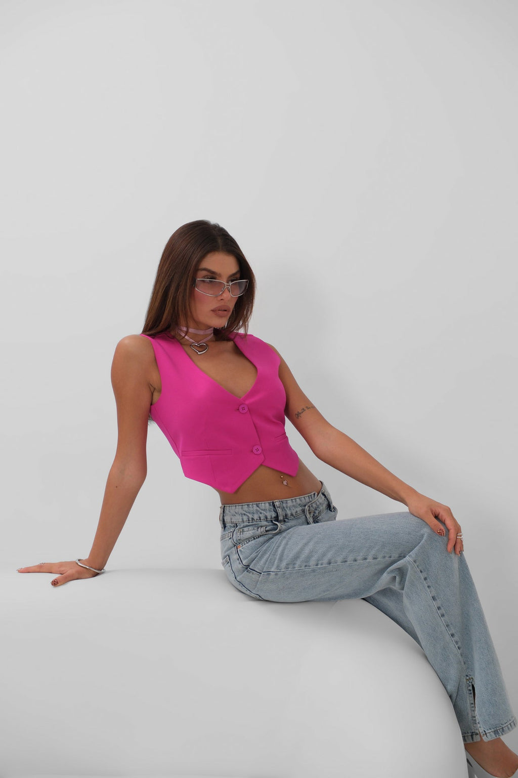 Buttoned Fuchsia Crop Vest