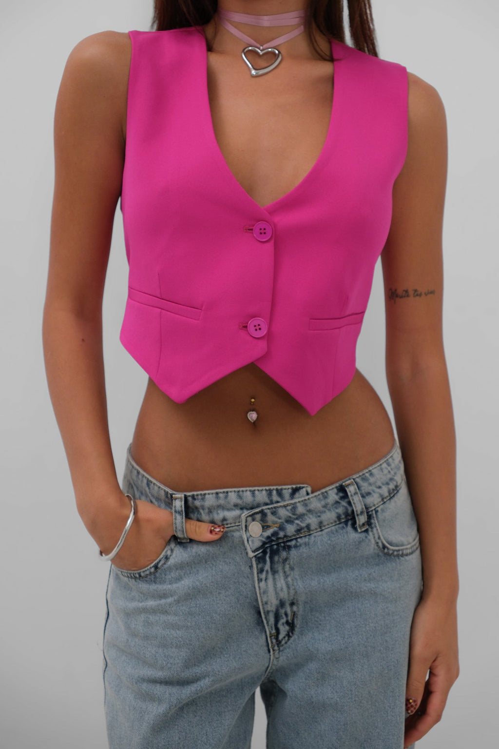 Buttoned Fuchsia Crop Vest