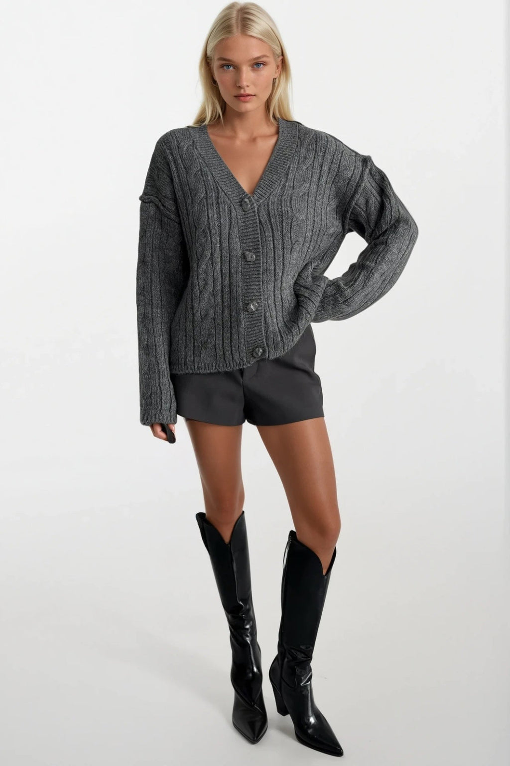 Buttoned Anthracite Knit Knit Cardigan
