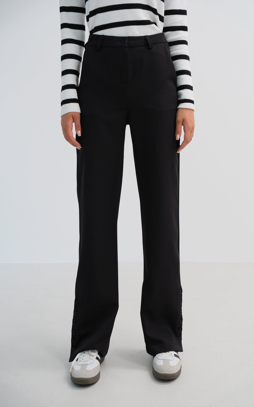 Buttoned Slit Detail Black Pants