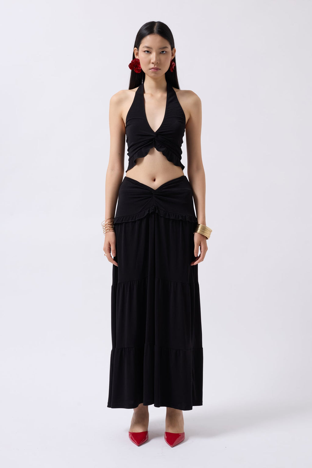 Knot Detail Ruffled Black Crop