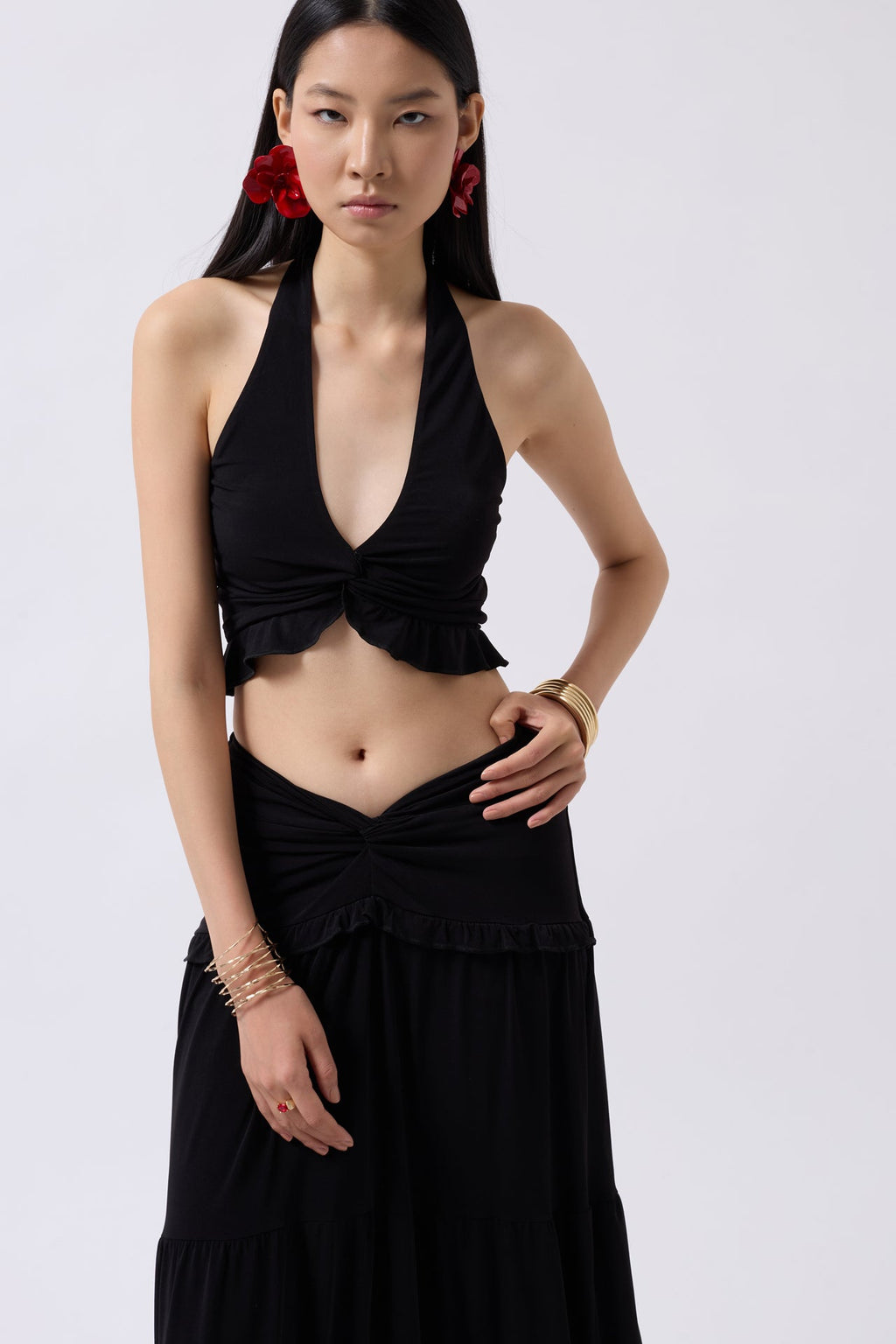 Knot Detail Ruffled Black Crop