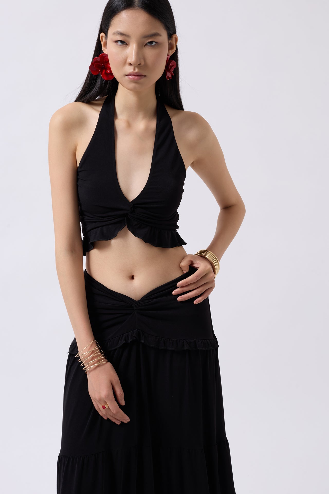 Knot Detail Ruffled Black Crop