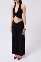 Knot Detail Ruffled Black Crop