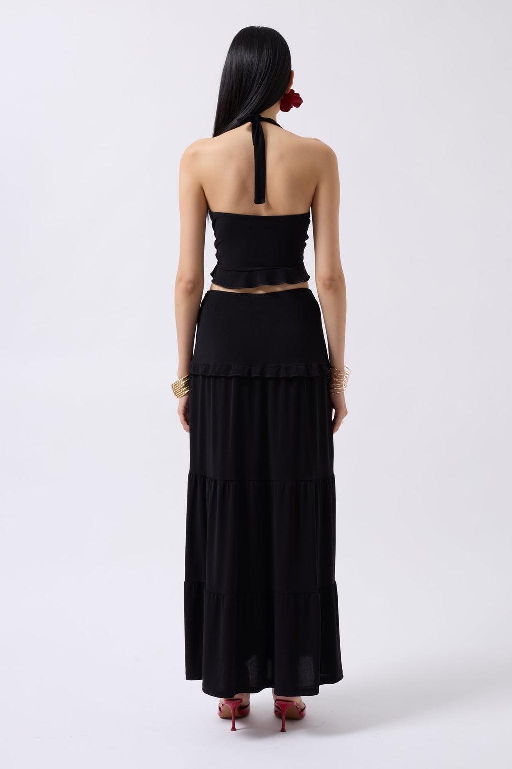 Knot Detail Ruffled Black Crop