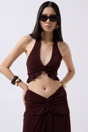 Knot Detail Ruffle Brown Crop