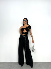 Knot Detail Strapless Black Crop Blouse