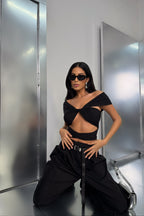 Knot Detail Strapless Black Crop Blouse