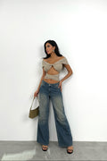 Knot Detay Strapless Beige Crop Blouse