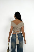 Knot Detay Strapless Beige Crop Blouse