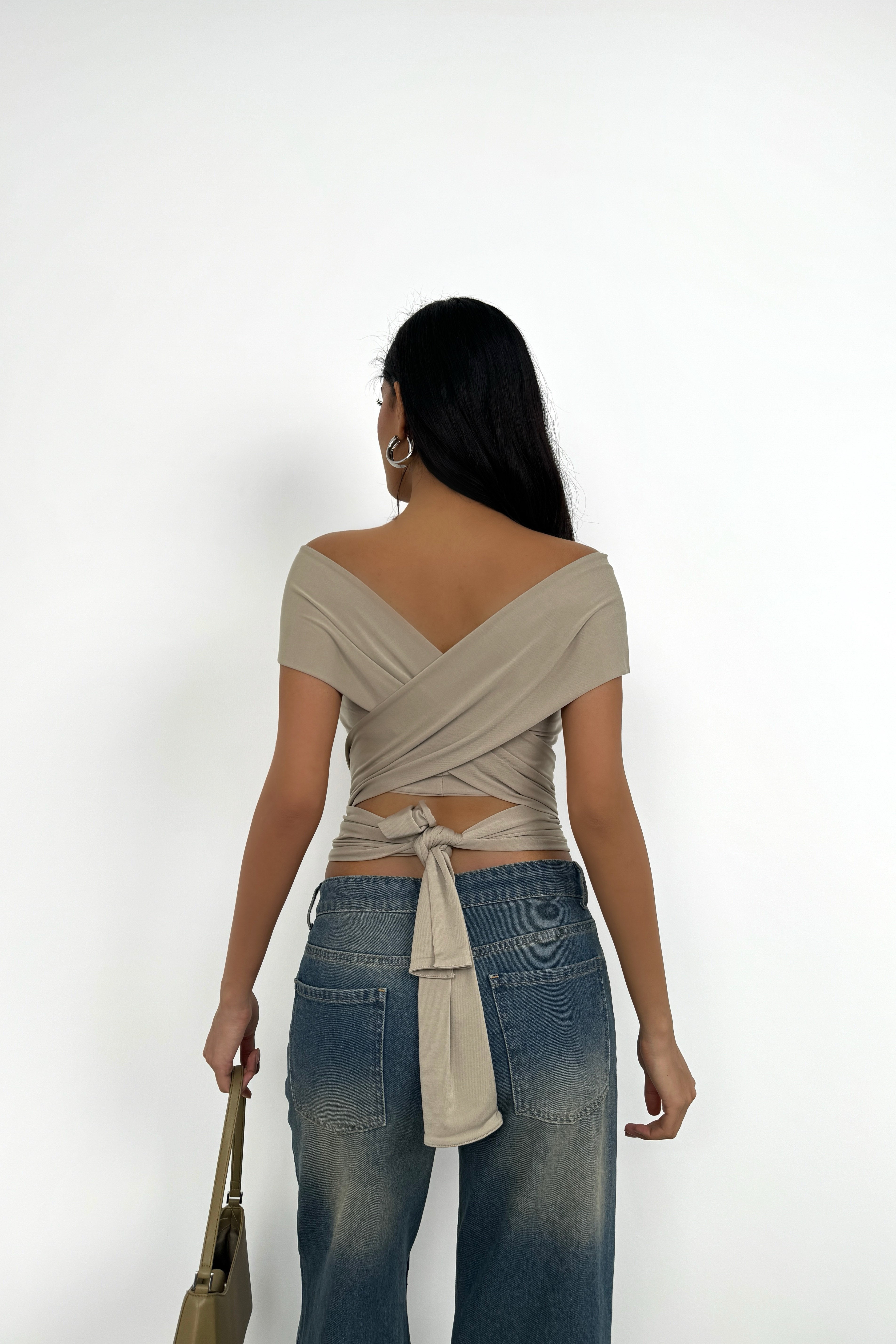 Knot Detay Strapless Beige Crop Blouse