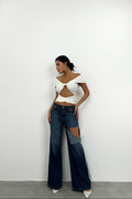 Knot Detail Strapless Ecru Crop Blouse