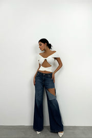 Knot Detail Strapless Ecru Crop Blouse