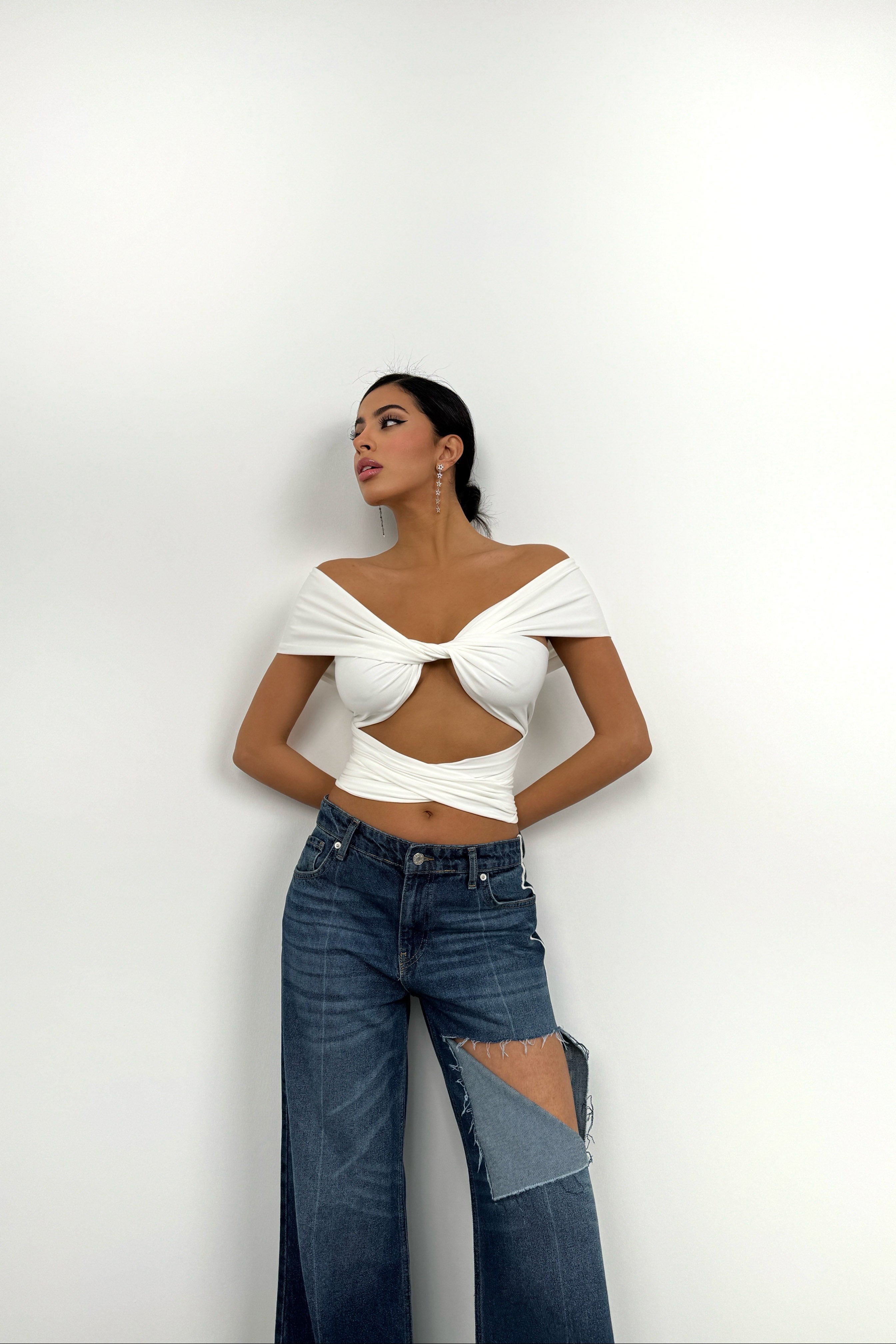 Knot Detail Strapless Ecru Crop Blouse