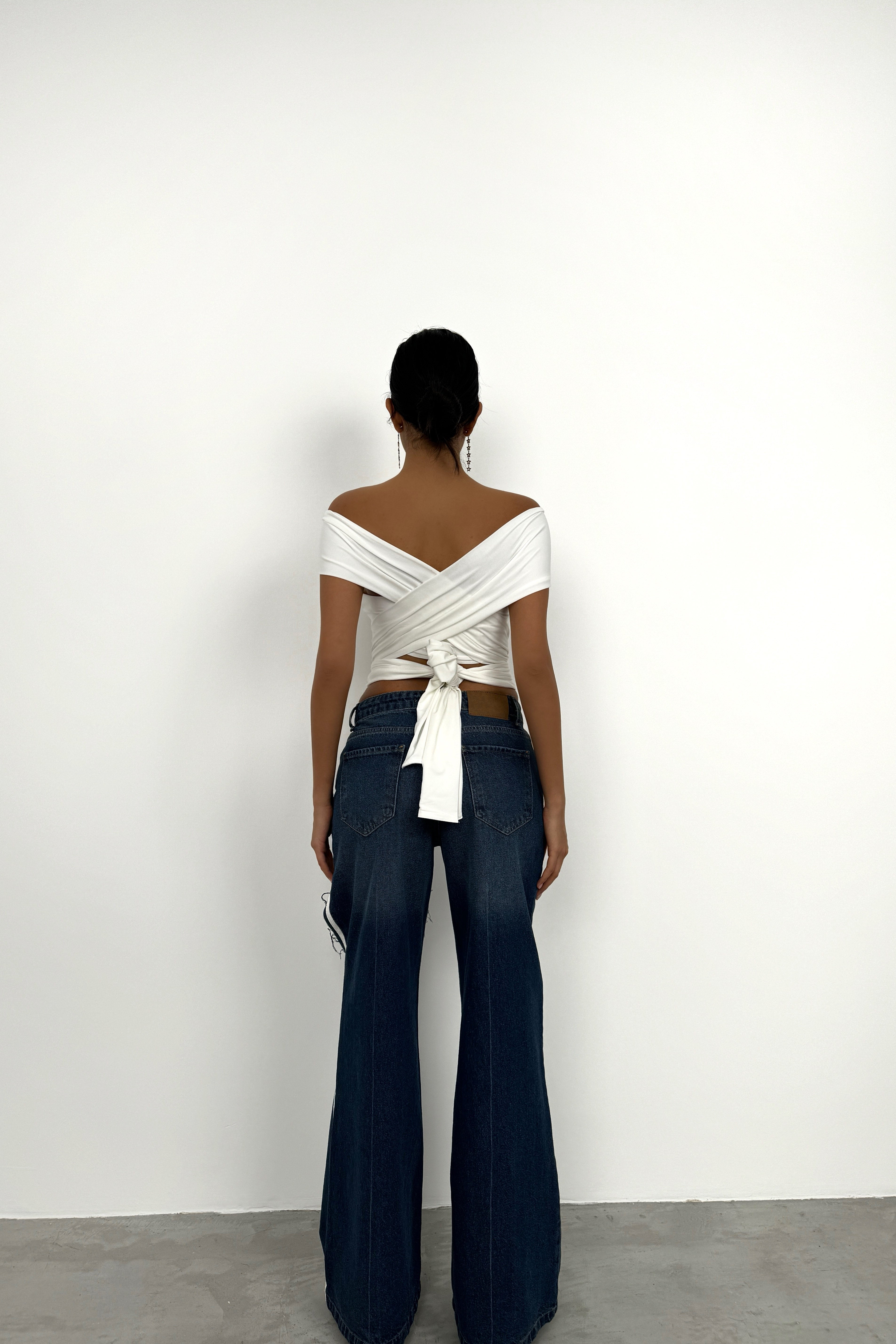 Knot Detail Strapless Ecru Crop Blouse