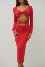 Knot Detail Midi Length Red Dress