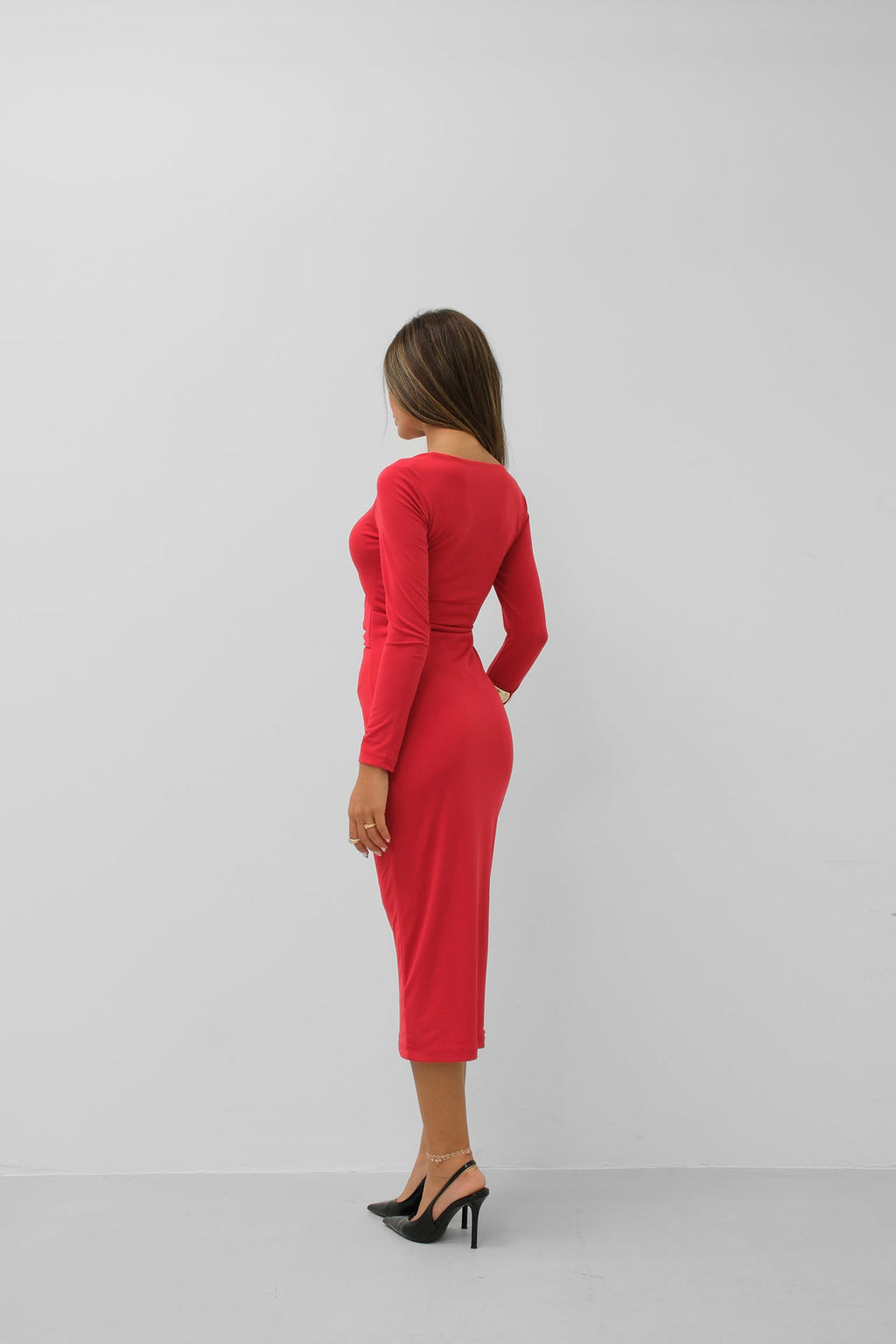 Knot Detail Midi Length Red Dress